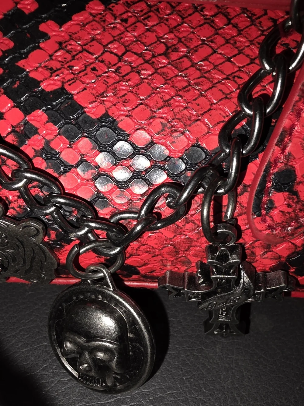 Ed Hardy Red and Black Snake-Print Satchel with Charm Chain